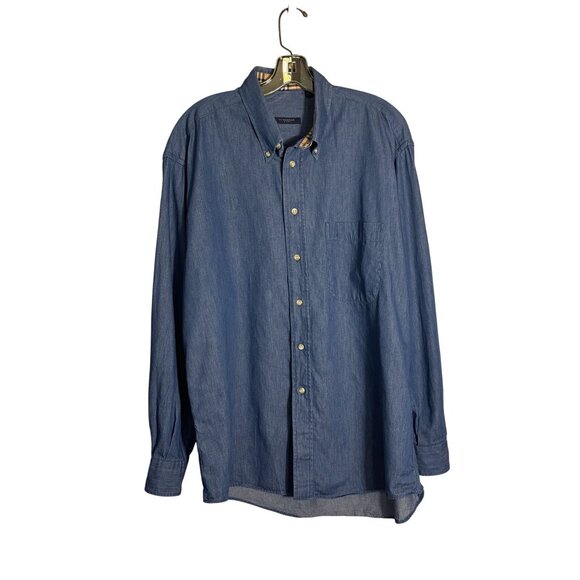 Burberry London Blue Button-Up Shirt With Iconic Nova Check Collar & Cuffs - Picture 1 of 15